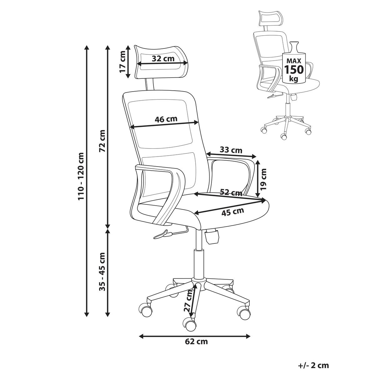 BÜROSTUHL Hellgrau Monarch - Hellgrau/Weiß, Textil (46/110/62cm) - Beliani
