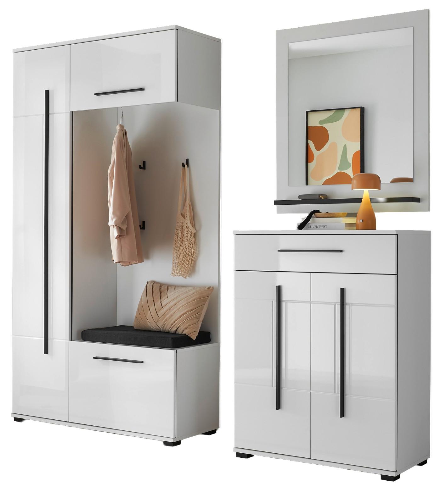 GARDEROBEN-SET weiß Hochglanz 4-teilig 200 cm, Flurgarderobe mit viel Stauraum - Dunkelgrau/Weiß Hochglanz, Glas/Holzwerkstoff (201/200/39cm) - Furn.Design
