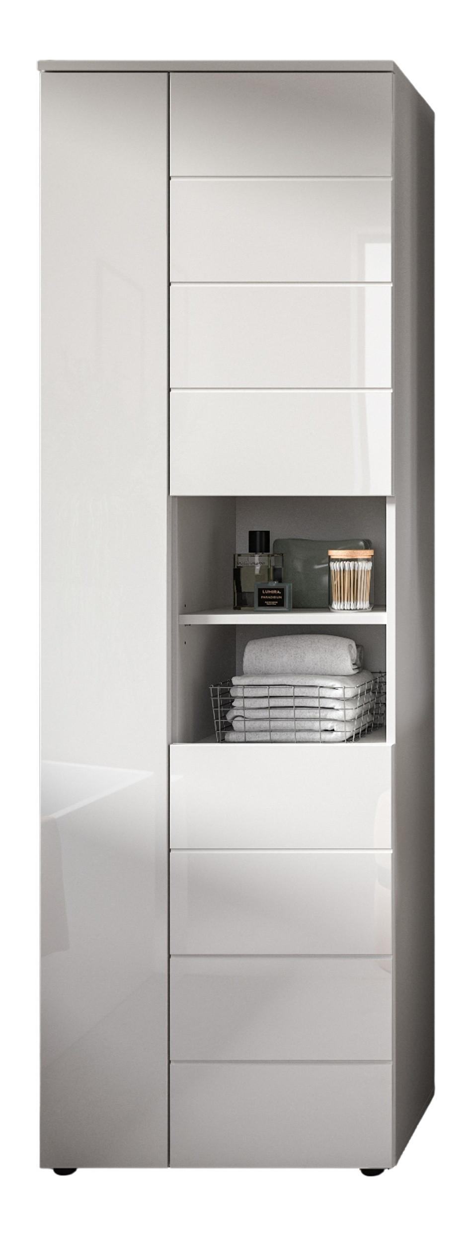 BADSCHRANK weiß Hochglanz 60 x 190 cm, Hochschrank mit 11 Fächern - Weiß Hochglanz/Schwarz, Holzwerkstoff/Kunststoff (60/190/34cm) - Inn.Furn