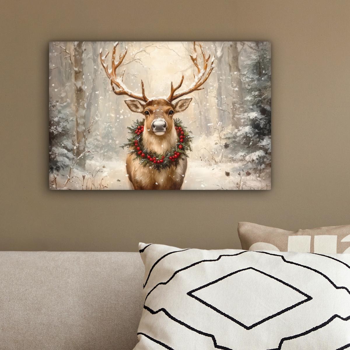 LEINWANDBILD Weihnachten - Rentier - Winter - Kranz Deko Schlafzimmer 30x20 cm - Naturfarben, Textil (30/20cm) - MuchoWow