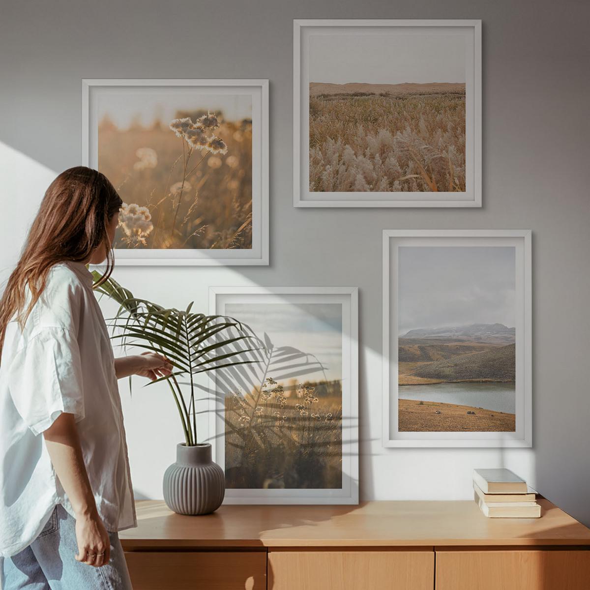 BILDER SET 4er Set - 50x50 cm & 40x60 cm Weißer Rahmen - Landschaften Wiesen Berge See - Weiß, Kunststoff (50/50cm) - TULUP