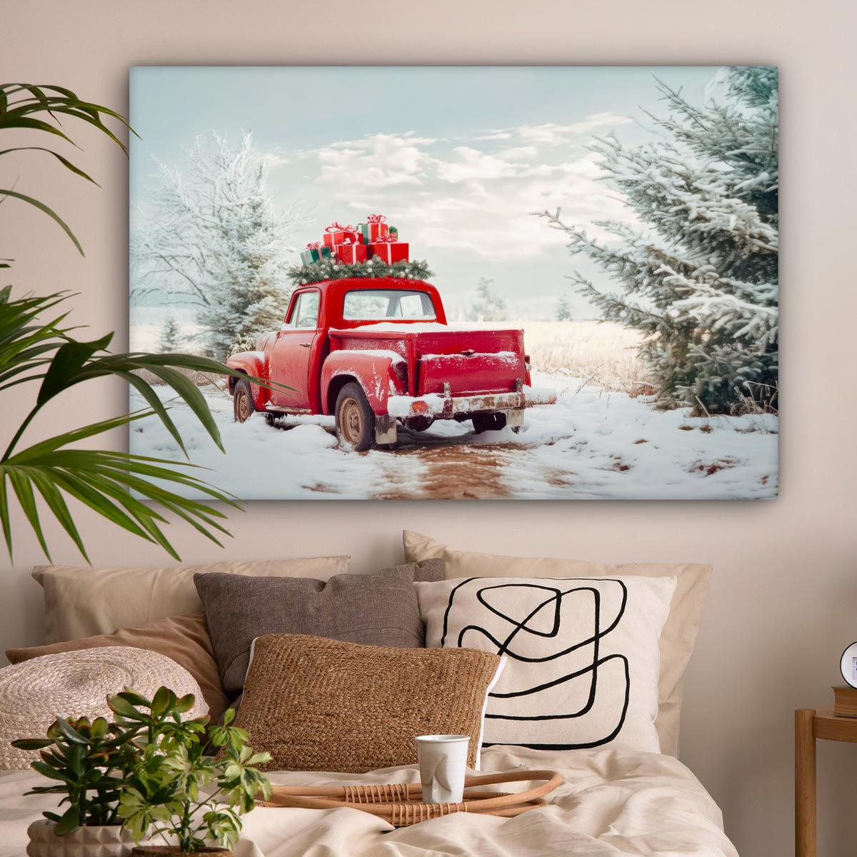 LEINWANDBILD Auto - Rot - Geschenke - Winter - Schnee - Weihnachten Groß 140x90 cm - Rot, Textil (140/90cm) - MuchoWow