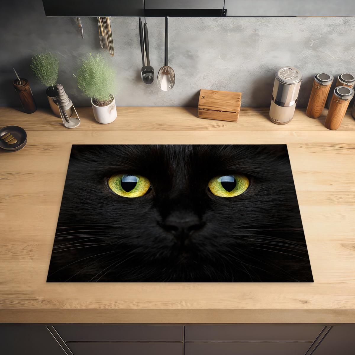 HERDABDECKPLATTE Katze - Augen - Gelb - Schwarz Herdabdeckung Induktionsfeld 70x52 cm - Schwarz, Kunststoff (70/52/0.2cm) - MuchoWow