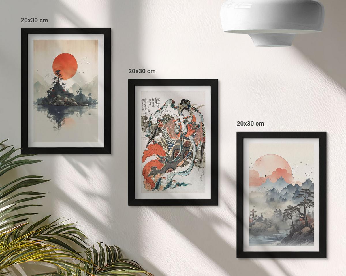 BILDER SET 3er Set - 20x30 cm Schwarzer Rahmen - Asiatische Japandi-Malereien - Schwarz, Kunststoff (20/30cm) - TULUP