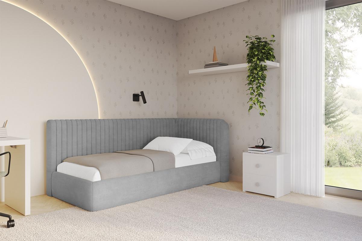 EINZELLBETT Jugendbett mit Bettkasten und Matratze H3/H4, Links - AURY 90x200 Grau - Hellgrau, Holzwerkstoff/Textil (90/200cm) - ALTDECOR