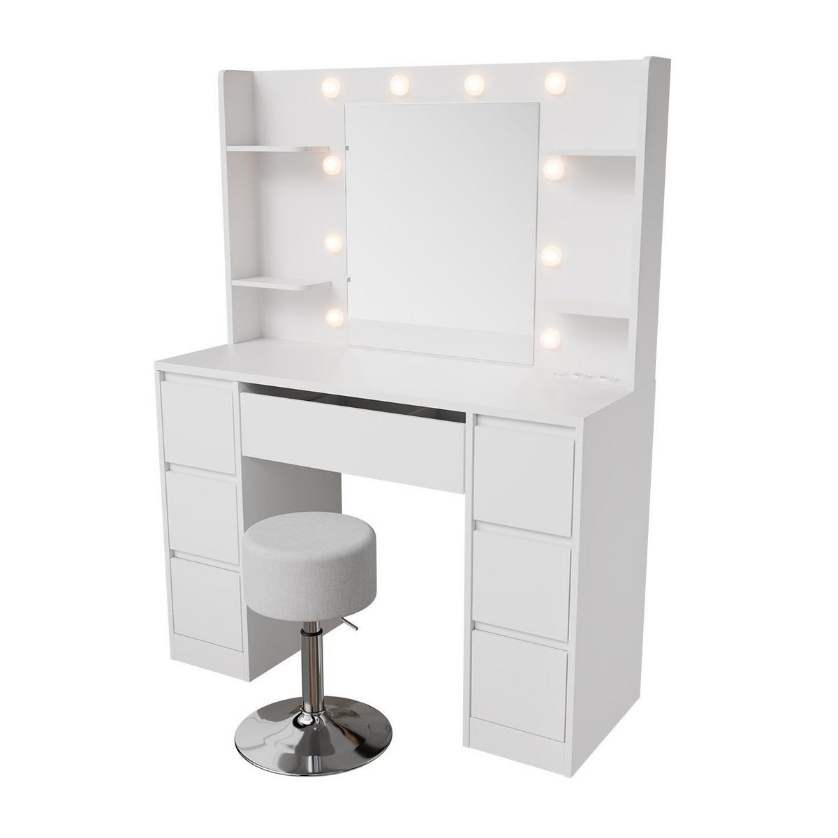 SCHMINKTISCH Malia mit LED und Hocker Tonia - Weiß, Holz (107/140/40cm) - Juskys