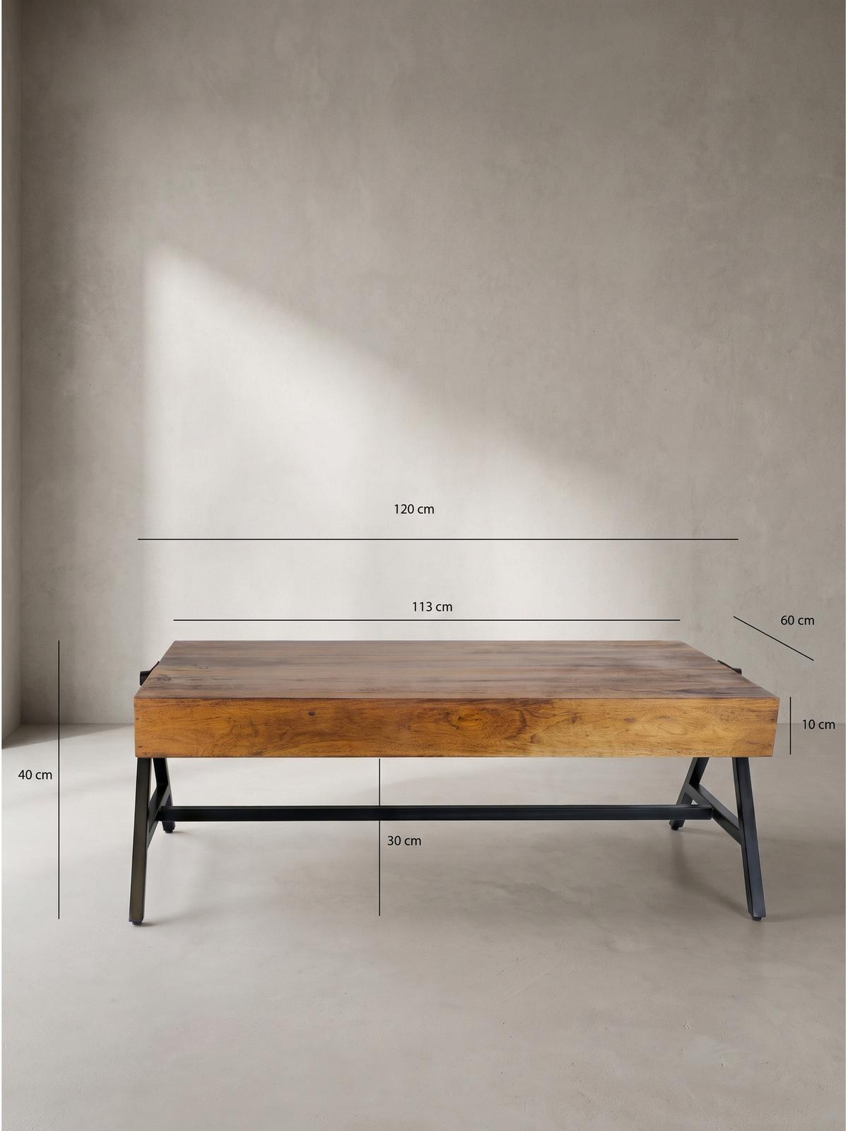 COUCHTISCH SENJA, Dunkles Massivholz, 120 x 60 x 40 cm - Schwarz/Braun, Holz/Metall (60/120/40cm) - KADIMA DESIGN
