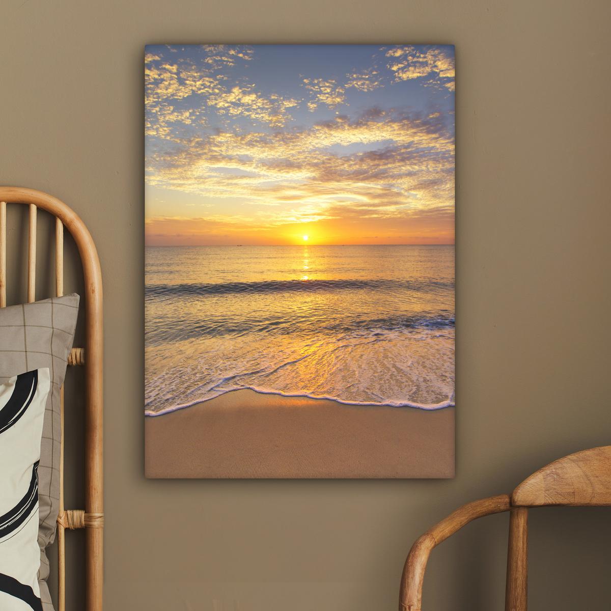 LEINWANDBILD Strand - Sonnenuntergang - Meer Wandbild Wohnzimmer 60x80 cm - Gelb, Textil (60/80cm) - MuchoWow