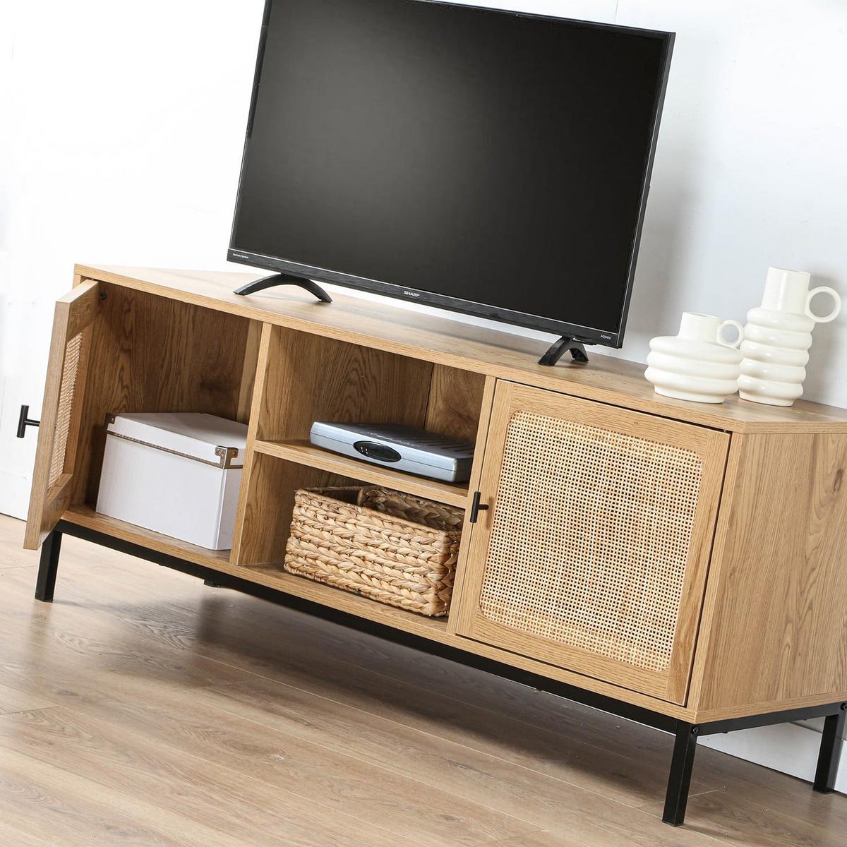 TV-MÖBEL mit 2 Türen, Rattangeflecht und 2 Ablagen - L120cm - Eschefarben, Holzwerkstoff (39/51/45cm) - Calicosy