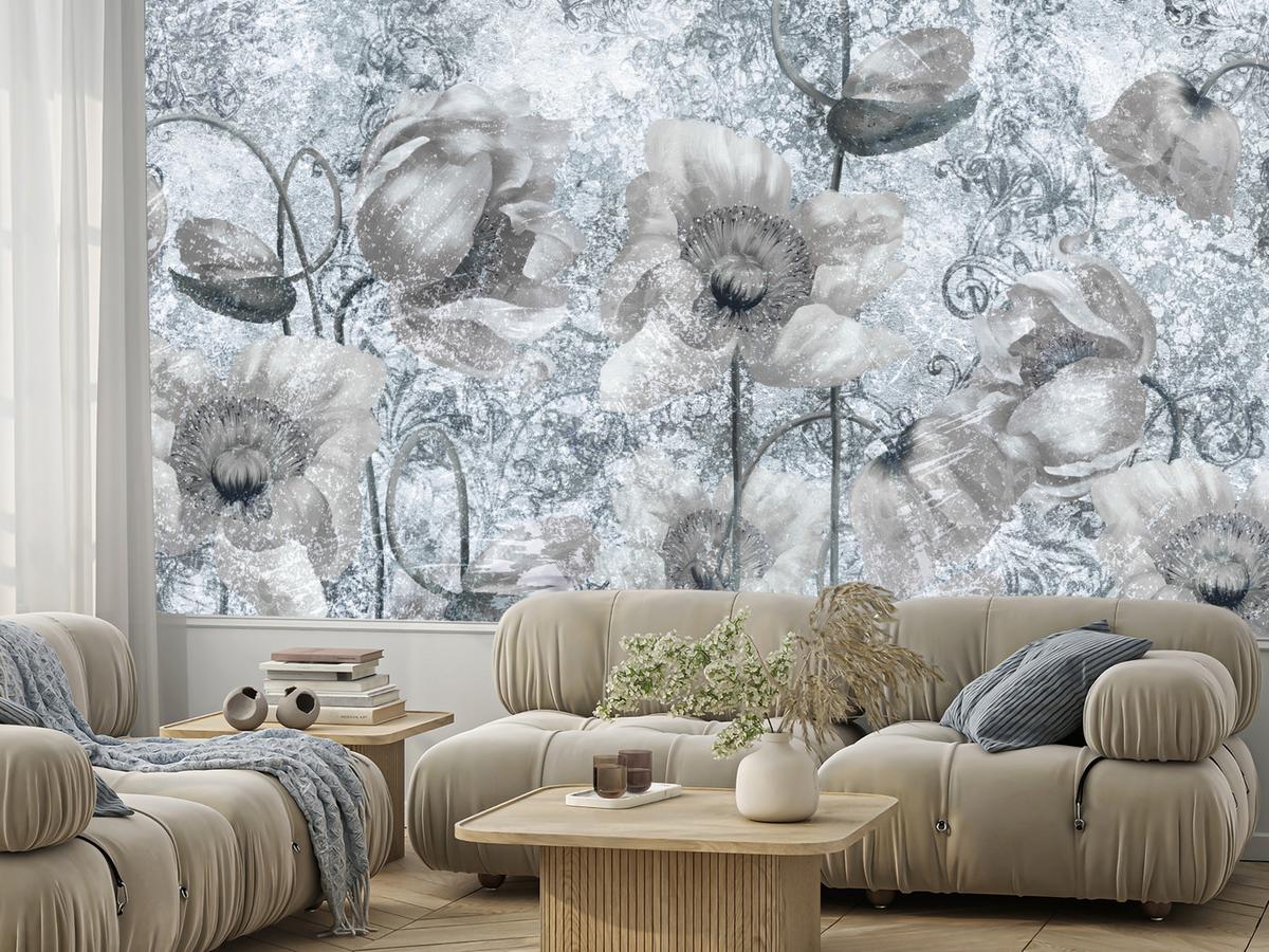 FOTOTAPETE für Wohnzimmer Grau Mohnblumen Beton Blumen Blätter 250x175 - Grau, Papier (250/175cm) - Muralo