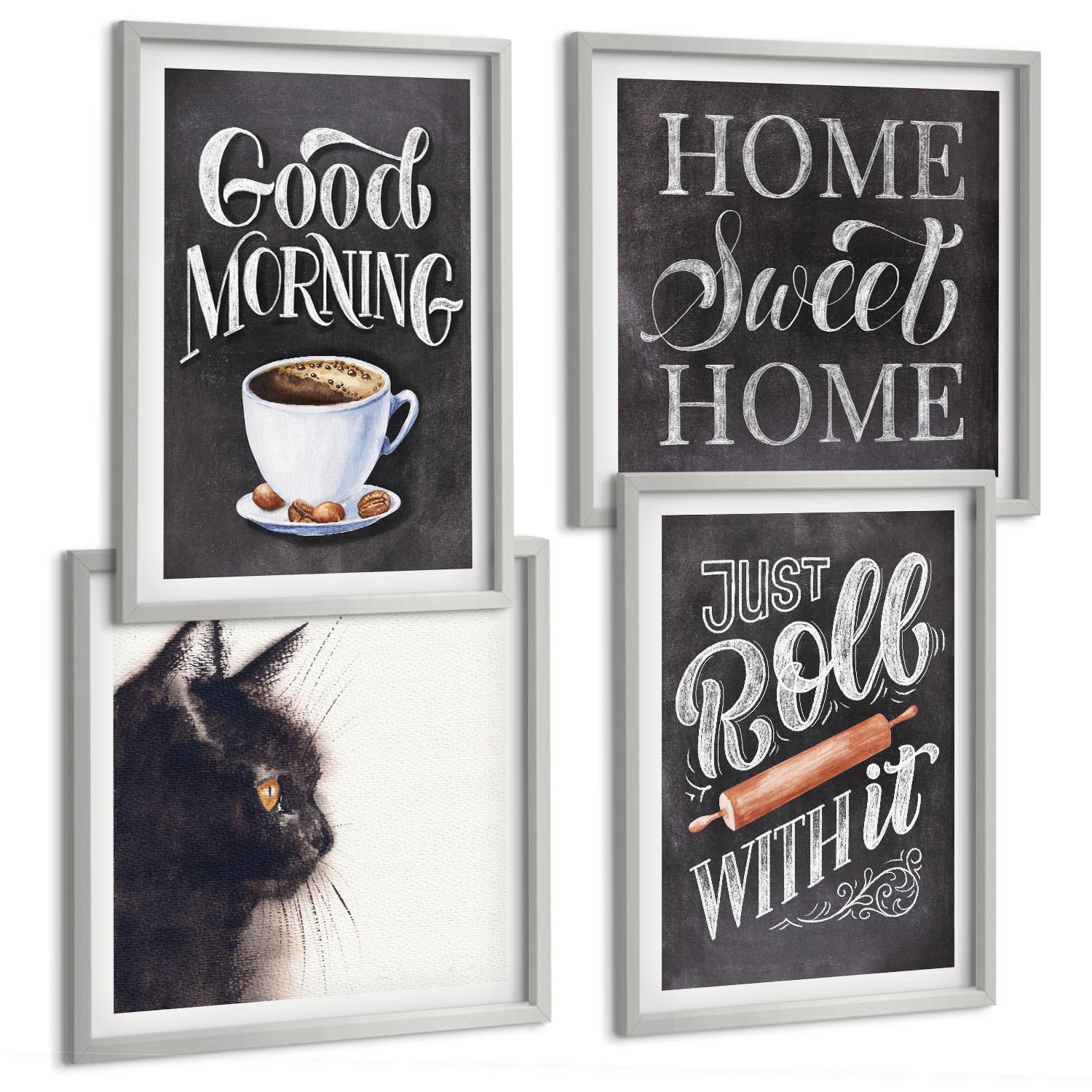 BILDER SET 4er Set - 50x50 cm & 40x60 cm Silberner Rahmen - Hausküchenthemen Katze - Silberfarben, Kunststoff (50/50cm) - TULUP