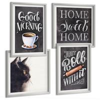 BILDER SET 4er Set - 50x50 cm & 40x60 cm Silberner Rahmen - Hausküchenthemen Katze - Silberfarben, Kunststoff (50/50cm) - TULUP