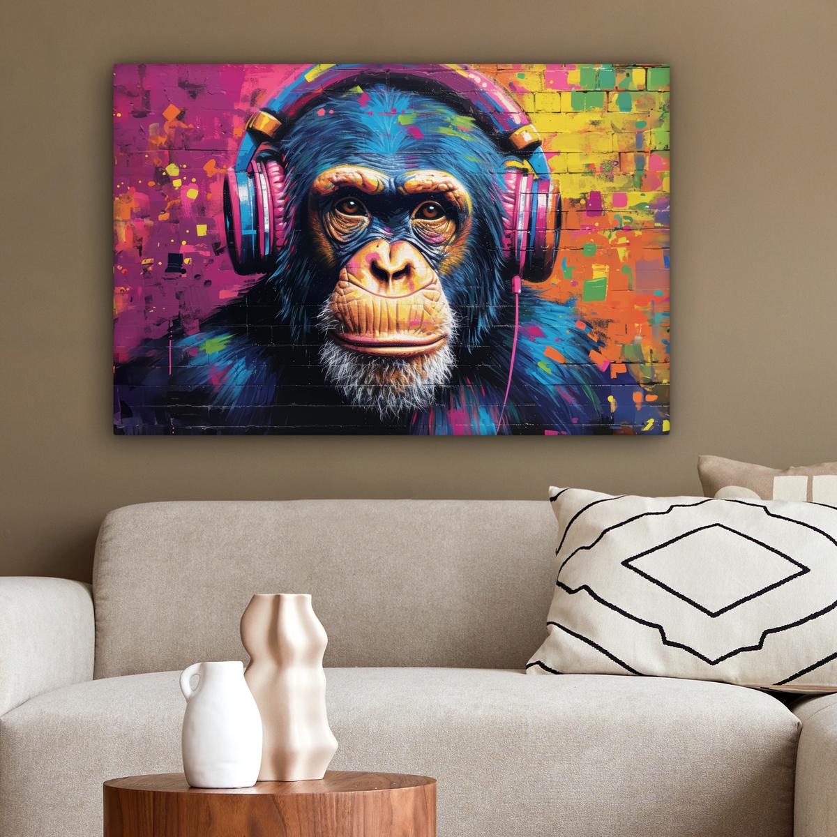 LEINWANDBILD Graffiti - Schimpanse - Straßenkunst - Kopfhörer - Affe Wanddeko 90x60 cm - Blau, Textil (90/60cm) - MuchoWow