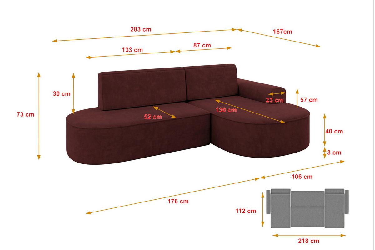 ECKSOFA mit Schlaffunktion und Bettkasten Ottomane Rechts MARI-L1-S - 283x167x73 cm Bordeauxrot Velours - Bordeaux/Schwarz, Holzwerkstoff/Kunststoff (167/283cm) - ALTDECOR