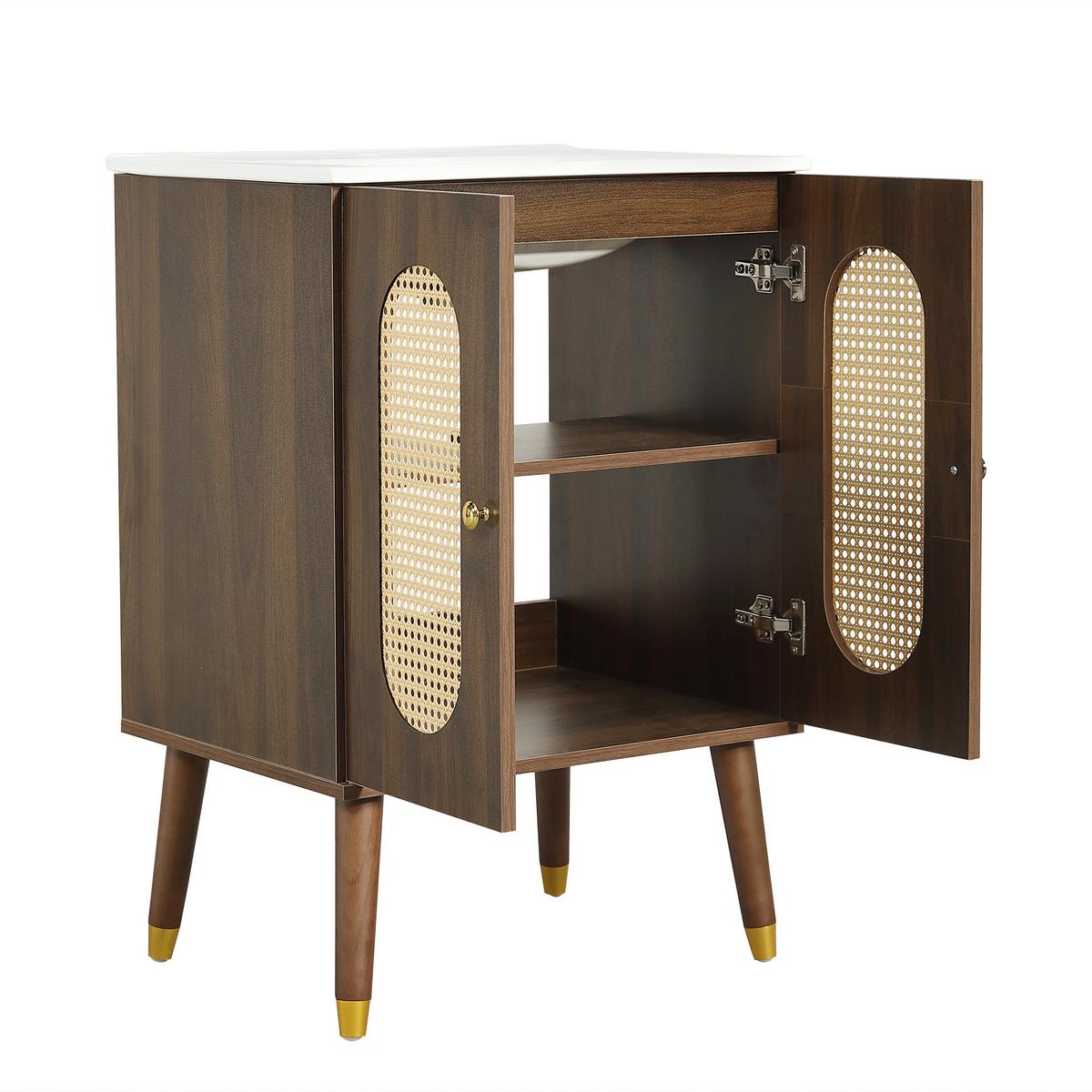 WASCHTISCHUNTERSCHRANK Walnuss mit Rattan-Türen & Keramikbecken - Walnussfarben, Holzwerkstoff (61/89/47cm) - Urban Meuble