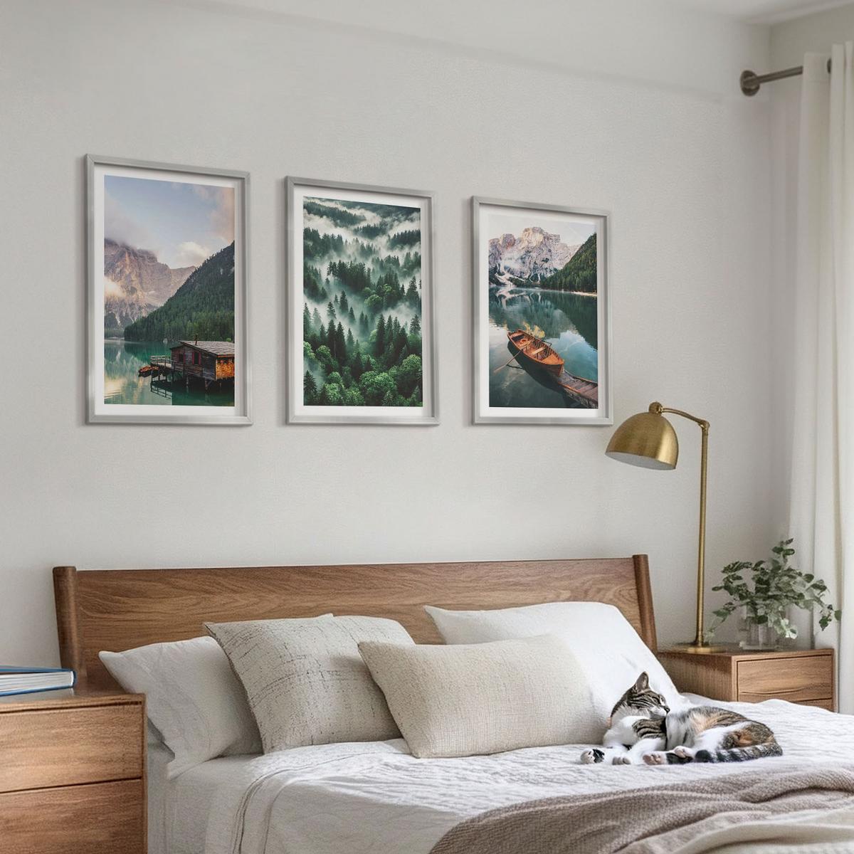 BILDER SET 3er Set - 40x60 cm Silberner Rahmen - Bergsee, Boot, Waldnebel - Silberfarben, Kunststoff (40/60cm) - TULUP