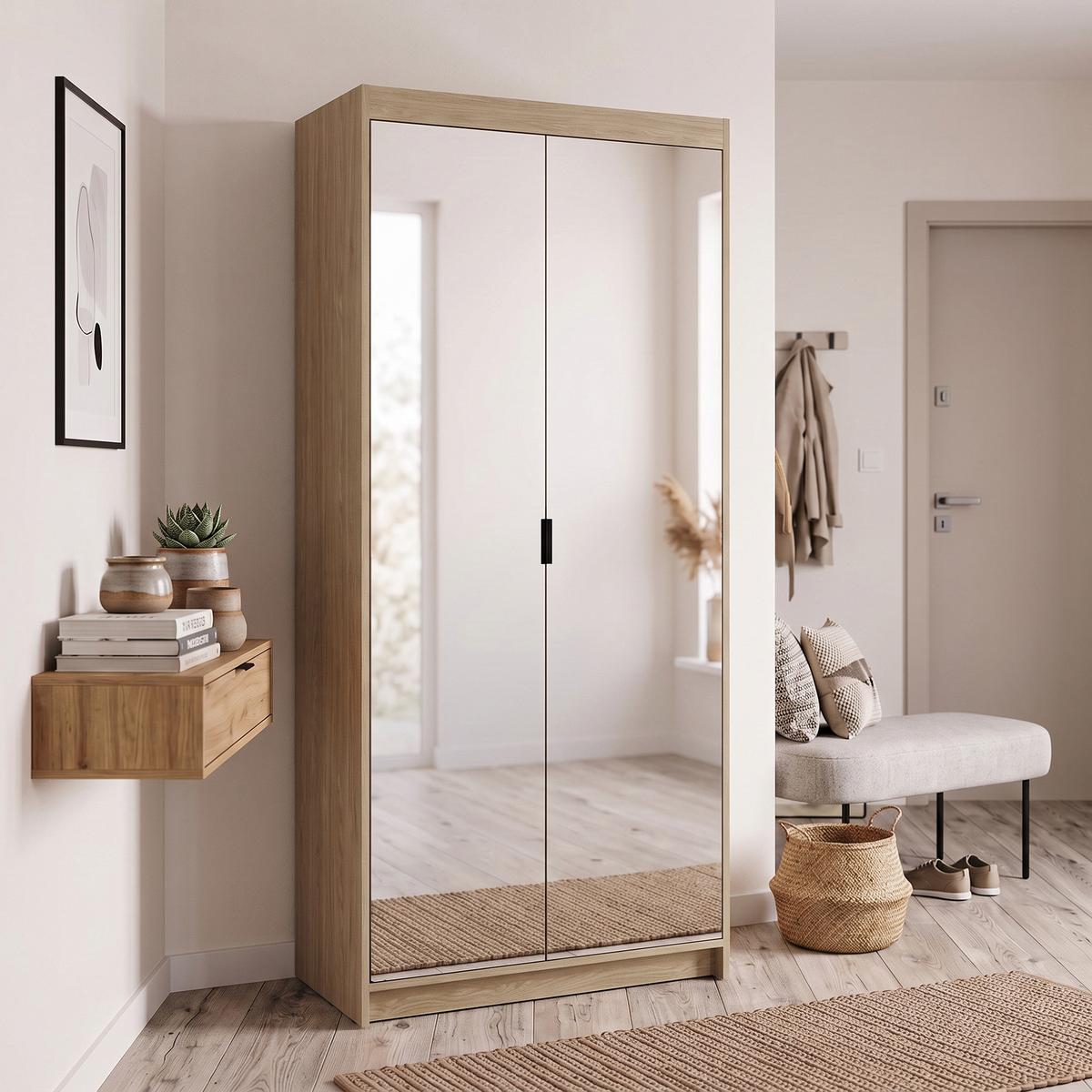 DREHTÜRENSCHRANK Elena mit 2 Türen und 2 Spiegel, 90 cm, Eiche Geölt - Eichefarben, Holzwerkstoff (90/190/53cm) - Beautysofa