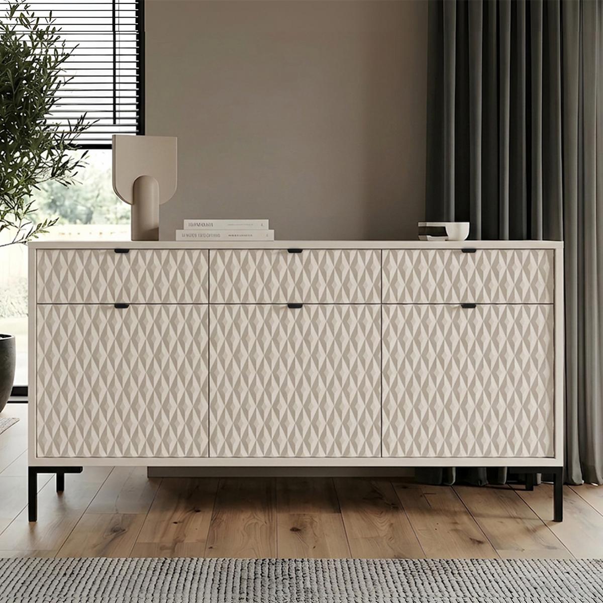 KOMMODE Montreal mit 3 Türen und 3 Schubladen, dekorative 3D-Fronten, 150 cm, Kaschmir - Kaschmir/Schwarz, Holzwerkstoff/Metall (150/85/40cm) - Beautysofa