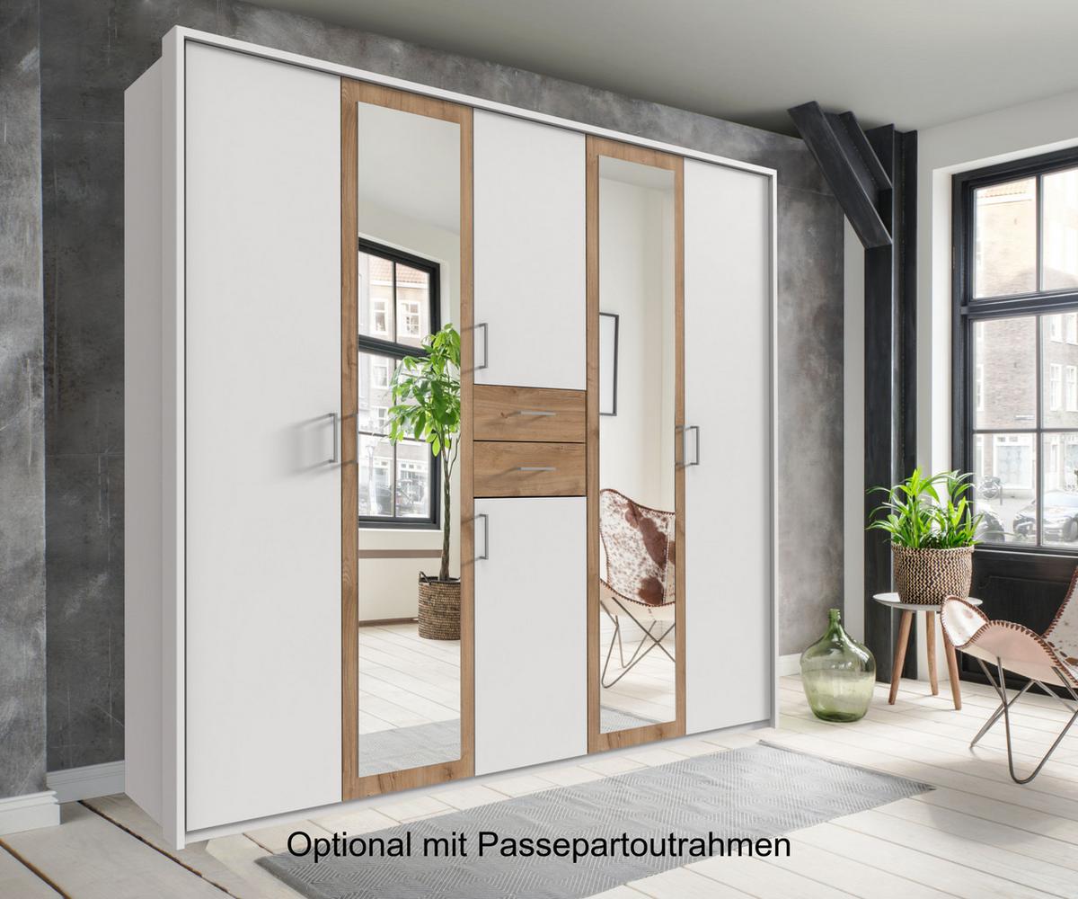 DREHTÜRENSCHRANK B225/H208/T58 cm, Weiß mit Absetzungen in Eiche Dekor, Kleiderschrank mit 2 Spiegeltüren & Schubkästen / 22591 - Eichefarben/Silberfarben, Holzwerkstoff/Kunststoff (225/208/58cm) - luma-home