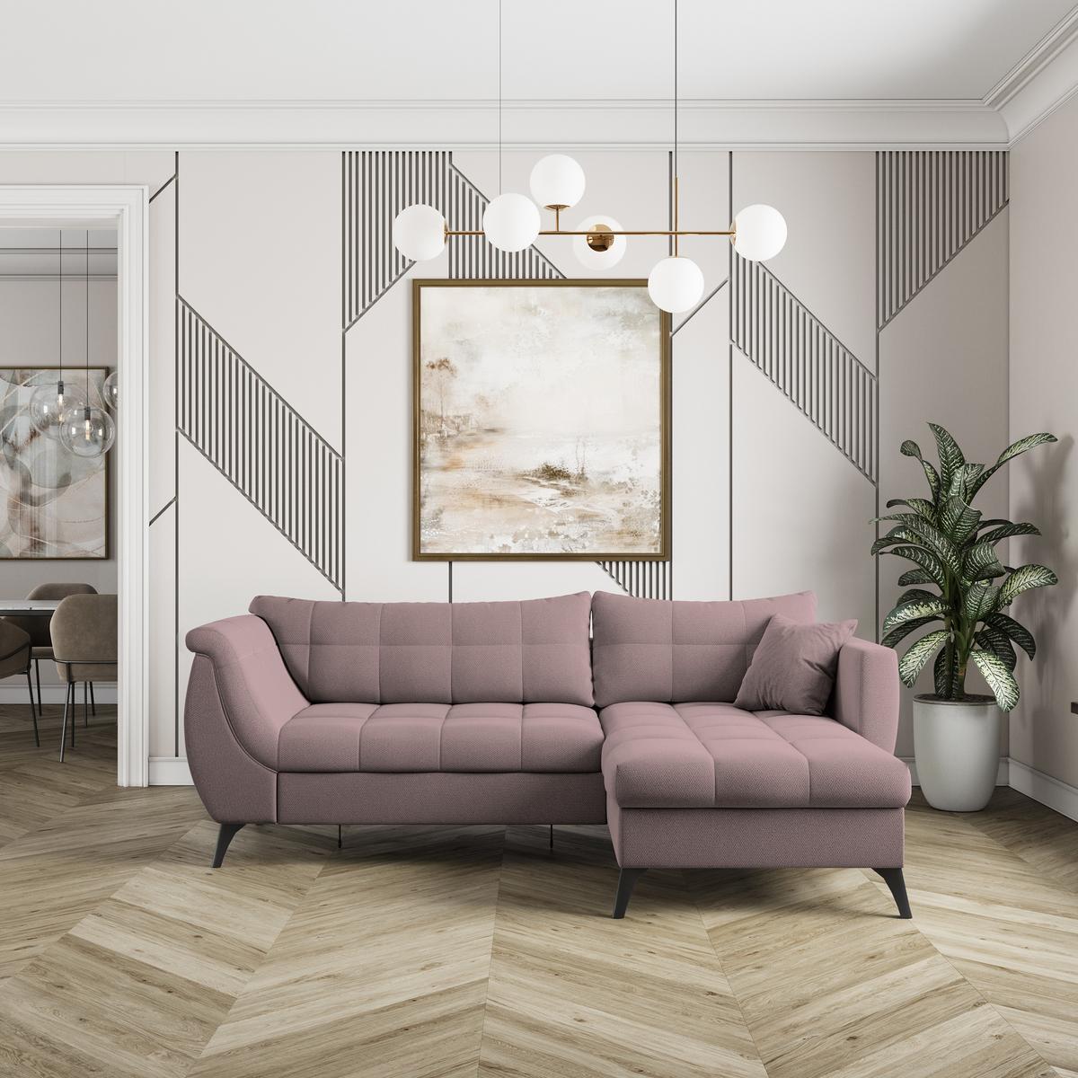 ECKSOFA MOLLIS Rosa Geflochtener-Stoff mit Schlaffunktion - Rosa, Holz (241/154cm) - MASSENO