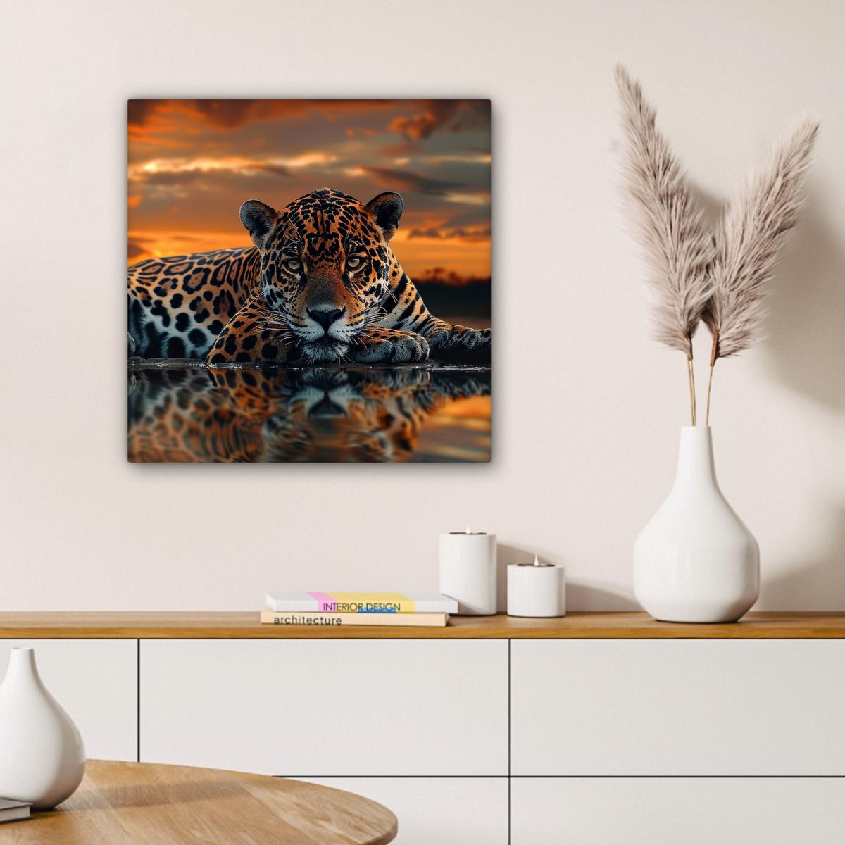 LEINWANDBILD Natur - Leopard - Tier - Sonnenuntergang - Modern Wandbild Wohnzimmer 50x50 cm - Orange, Textil (50/50cm) - MuchoWow