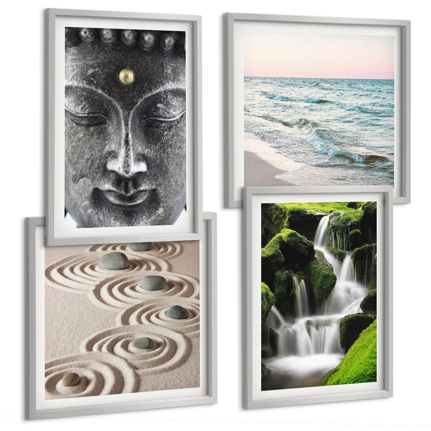 BILDER SET 4er Set - 50x50 cm & 40x60 cm Silberner Rahmen - Der Frieden der Natur mit Buddha - Silberfarben, Kunststoff (50/50cm) - TULUP