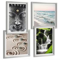 BILDER SET 4er Set - 50x50 cm & 40x60 cm Silberner Rahmen - Der Frieden der Natur mit Buddha - Silberfarben, Kunststoff (50/50cm) - TULUP