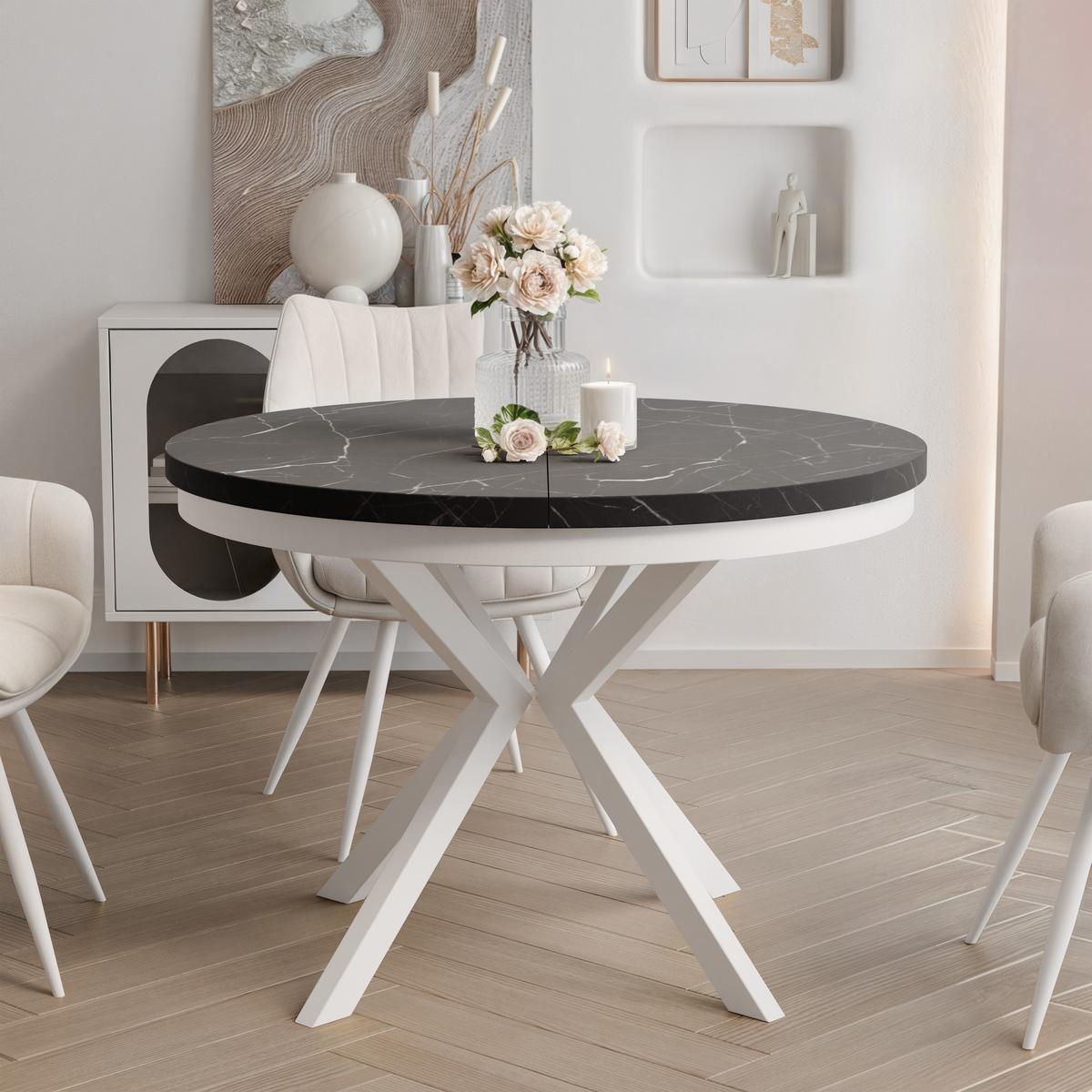 AUSZIEHTISCH MILTON 90-166/76 cm mit Metallgestell und Zarge, Weiß / Grigia Pietra - Weiß/Grau, Holzwerkstoff/Metall (90/90/76cm) - Idohome