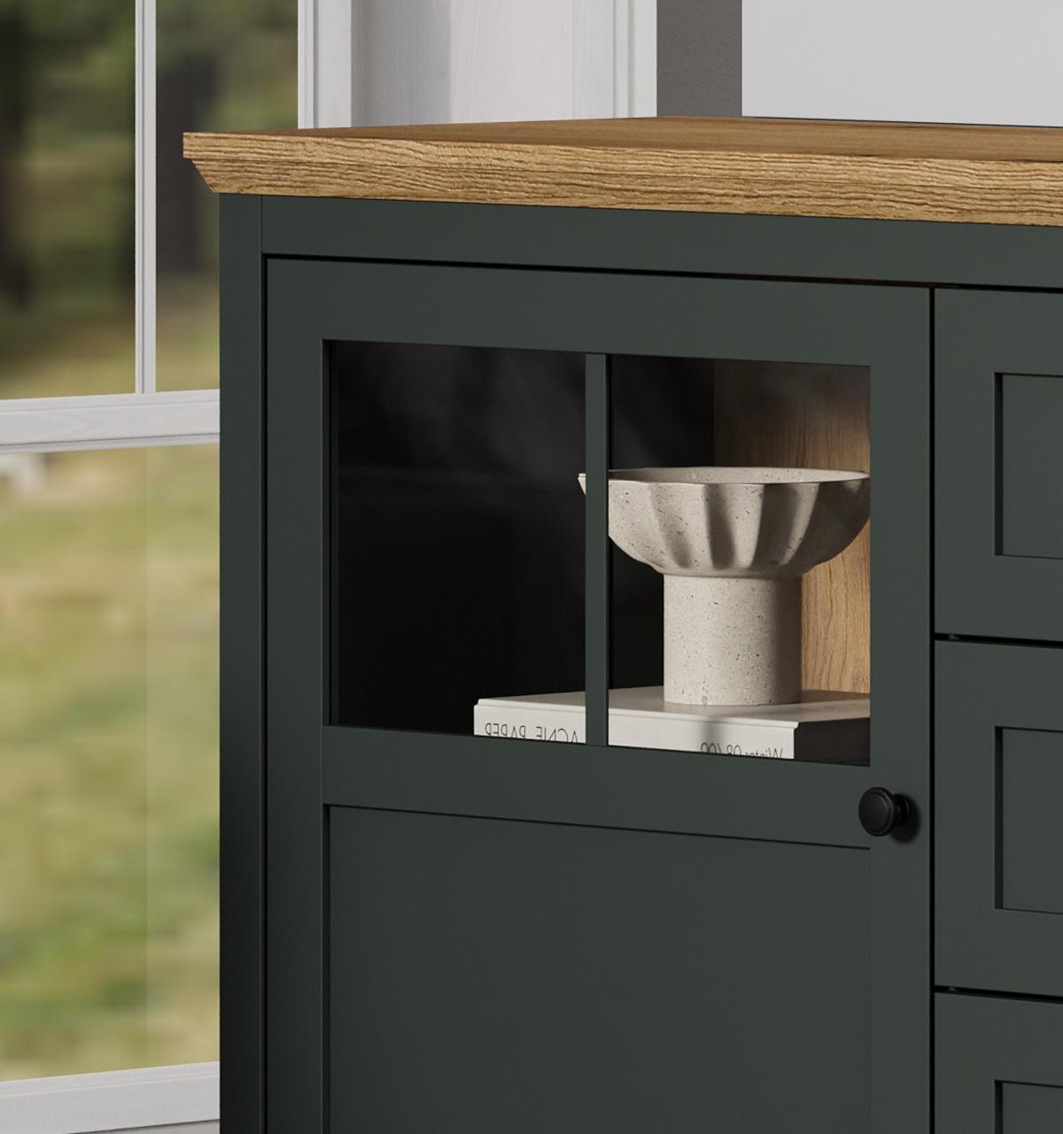 SIDEBOARD grün, Evoke Eiche Landhaus 185 x 86 cm, Kommode inklusive LED Beleuchtung - Eichefarben/Schwarz, Glas/Holzwerkstoff (185/86/45cm) - Top.Furn