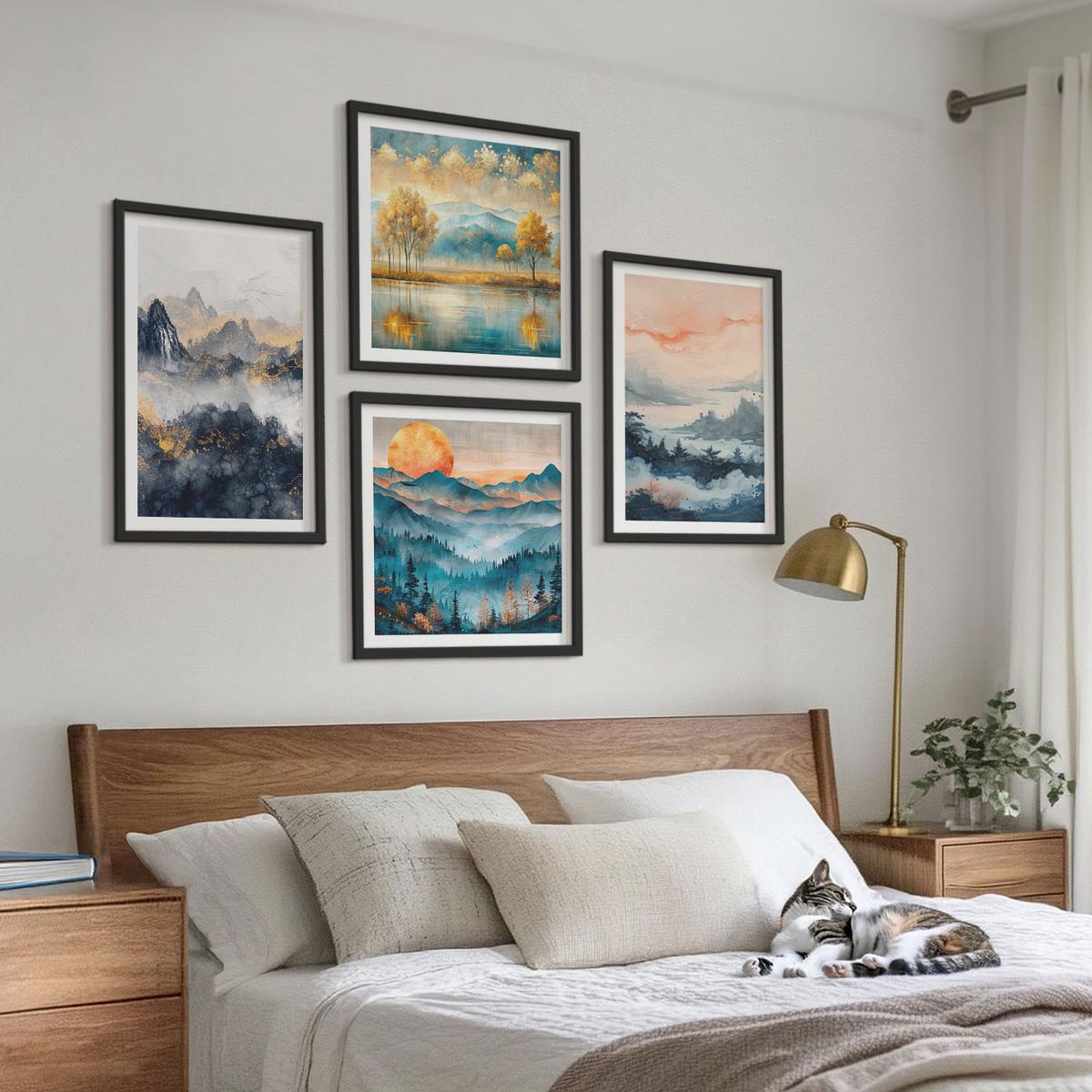 BILDER SET 4er Set - 50x50 cm & 40x60 cm Schwarzer Rahmen - Gemalte Abstraktionen der Natur - Schwarz, Kunststoff (50/50cm) - TULUP