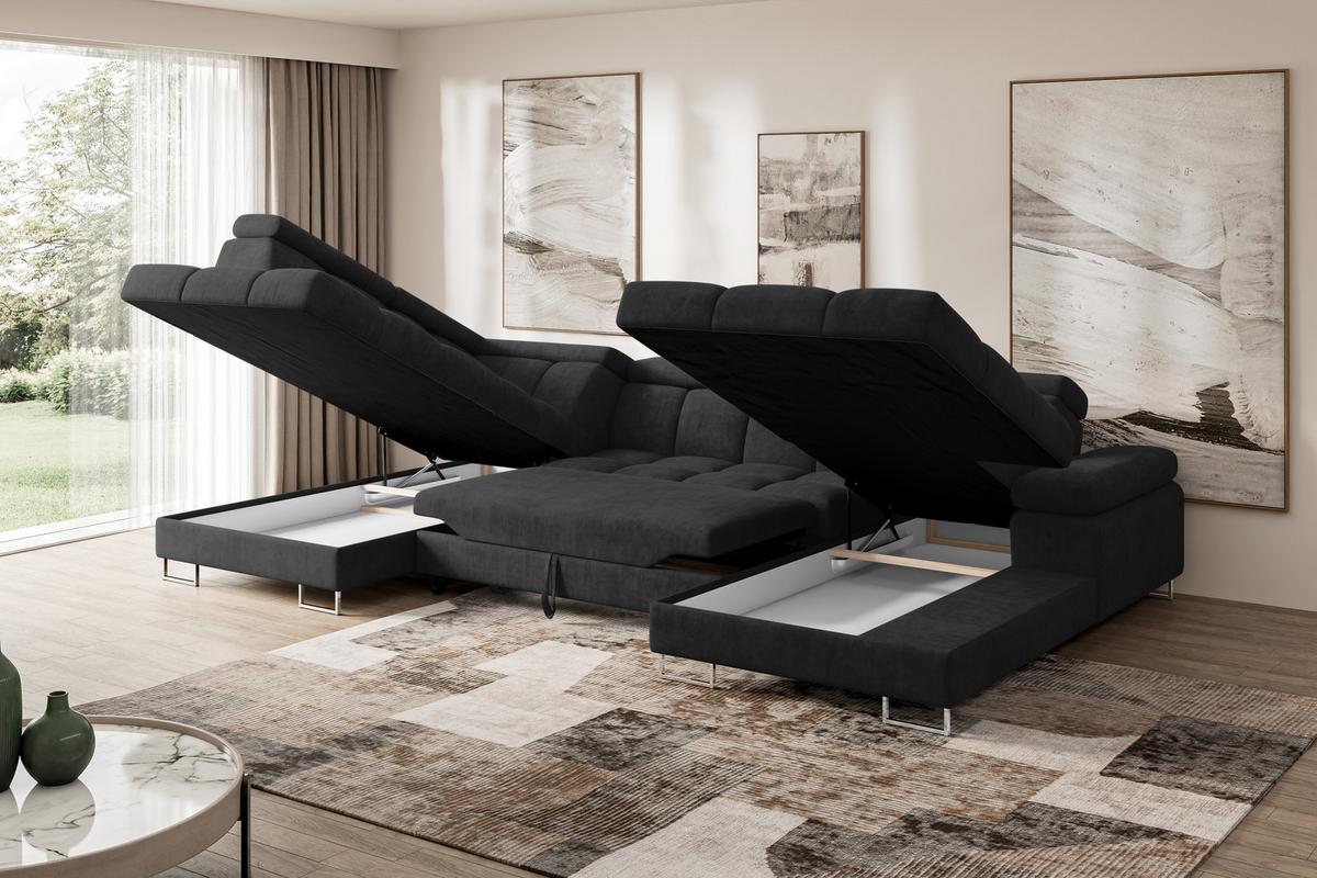 WOHNLANDSCHAFT mit Schlaffunktion und Bettkasten Ottomane Links COMA U 345x203x79 Schwarz Velours - Schwarz, Holzwerkstoff/Textil (345/79/203cm) - ALTDECOR