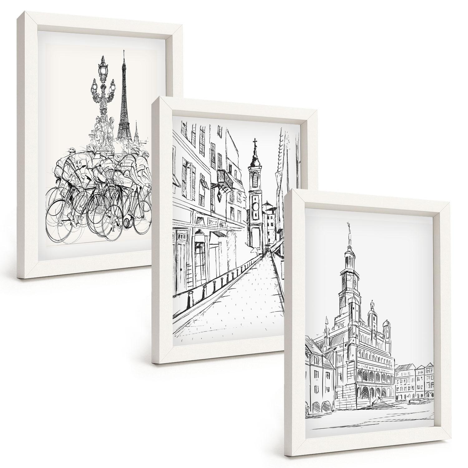 BILDER SET 3er Set - 20x30 cm Weißer Rahmen - Einfache Zeichnungen von Stadtlandschaften - Weiß, Kunststoff (20/30cm) - TULUP