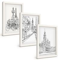 BILDER SET 3er Set - 20x30 cm Weißer Rahmen - Einfache Zeichnungen von Stadtlandschaften - Weiß, Kunststoff (20/30cm) - TULUP