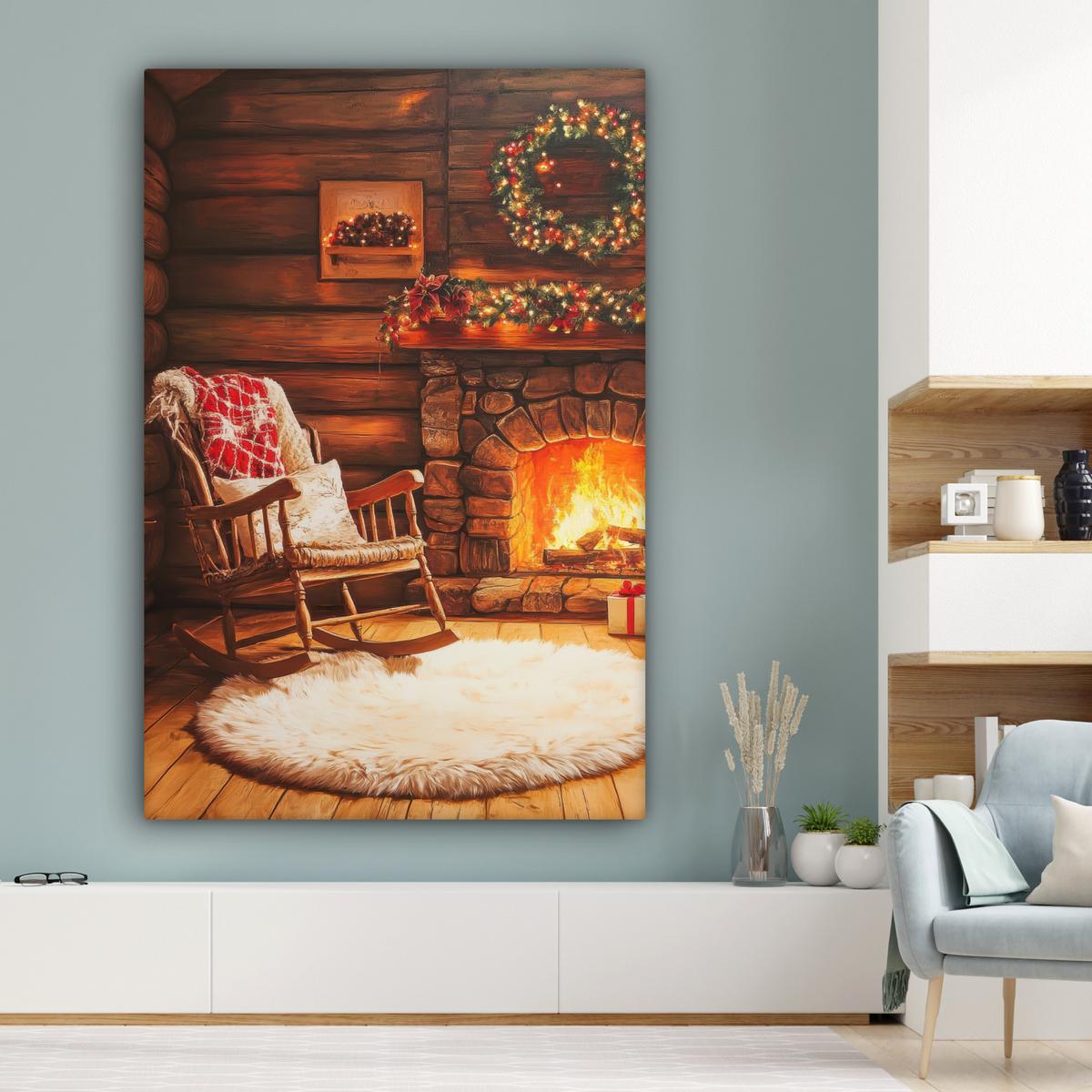 LEINWANDBILD Winter - Weihnachten - Zuhause - Kamin Deko Groß 90x140 cm - Bernsteinfarben, Textil (90/140cm) - MuchoWow
