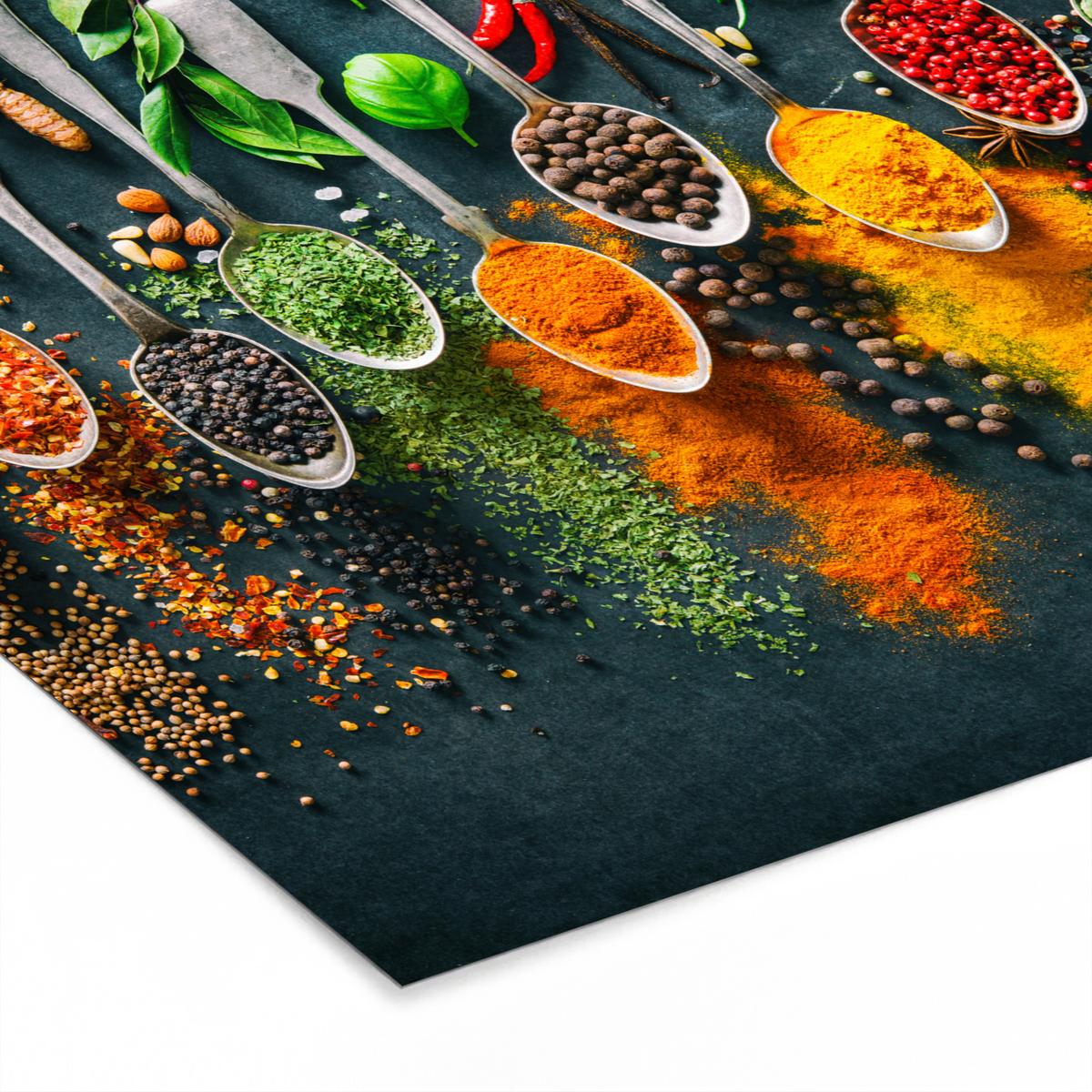 POSTER MIT RAHMENGERAHMTES BILD Kräuter - Gewürze - Löffel 40x40 cm - Currygelb, Papier (40/40cm) - MuchoWow
