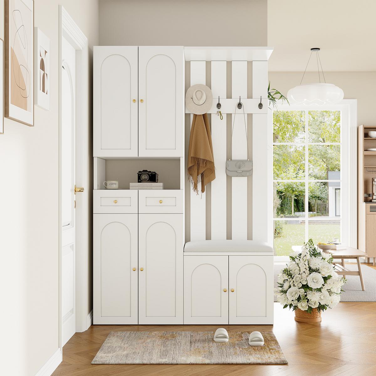 KLEIDERSCHRANK Wandgarderobe mit Schuhbank, 4 Haken, 6 Türen, 2 Schubladen, Weiß - Weiß, Holzwerkstoff (110/180/37cm) - Urban Meuble