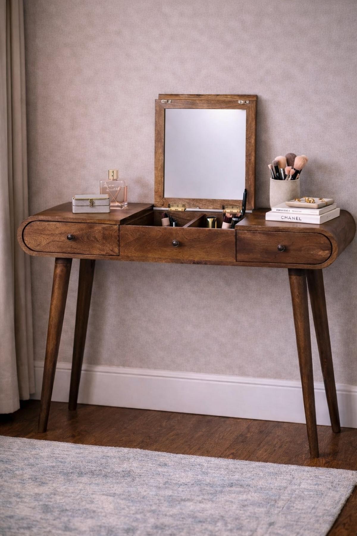 KOSMETIKTISCH Konturierte Rundung - Dunkelbraun/Messingfarben, Holz/Metall (100/80/40cm) - Artisan Furniture