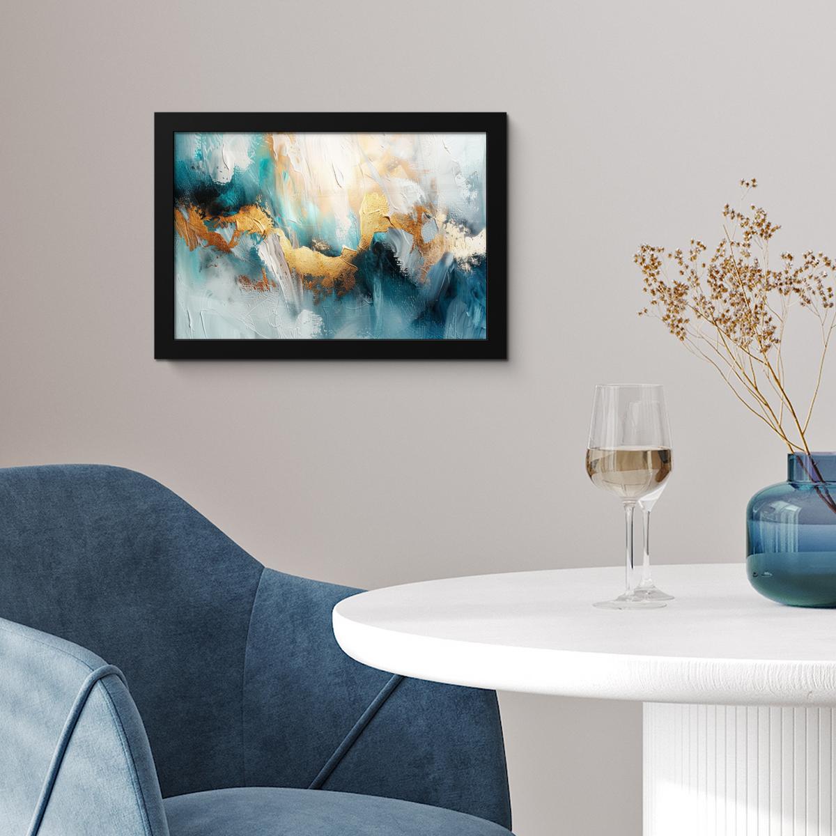 POSTER MIT RAHMENGERAHMTES BILD Abstrakt - Kunst - Gold - Blau 30x20 cm - Petrol, Papier (30/20cm) - MuchoWow