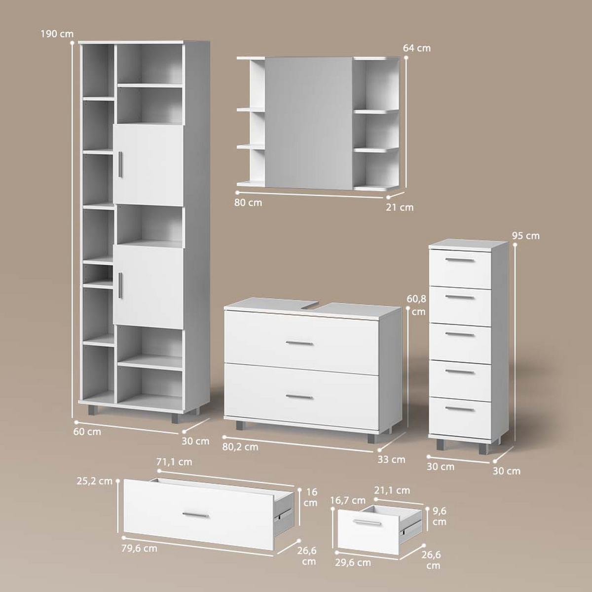 BADMÖBEL-SET Eisak Weiß 4 Teile, mit Hochschrank - Weiß, Holzwerkstoff (80/60/33cm) - Livinity®