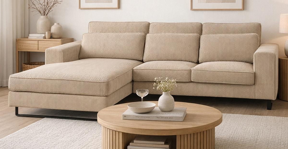 SOFA beige Cord 276 cm, Ecksofa 4-Sitzer, L-Sofa Ottomane links - Beige/Schwarz, Holz/Textil (276/183cm) - Inn.Furn