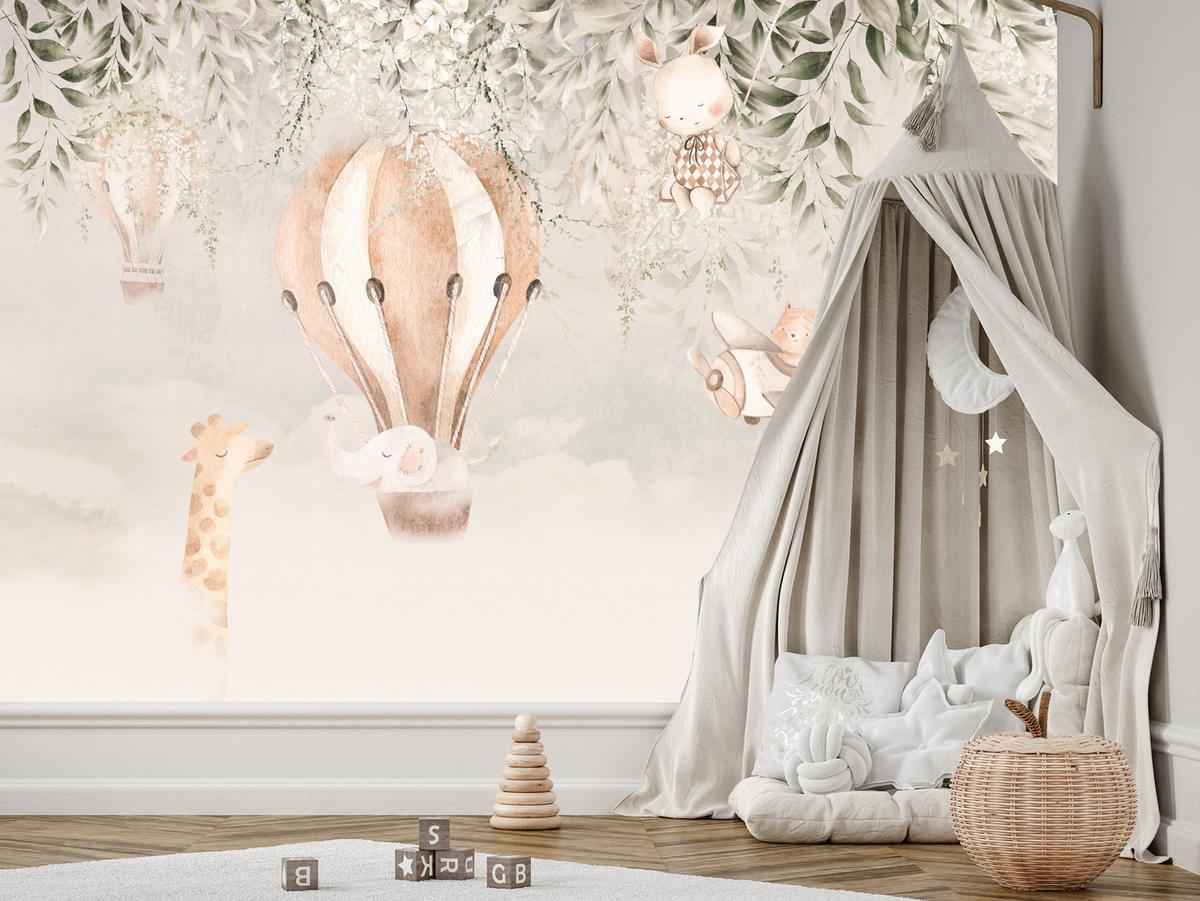 FOTOTAPETE für Kinderzimmer Tiere Wolken Ballons Giraffe Sonne 450x315 - Beige/Braun, Papier (450/315cm) - Muralo