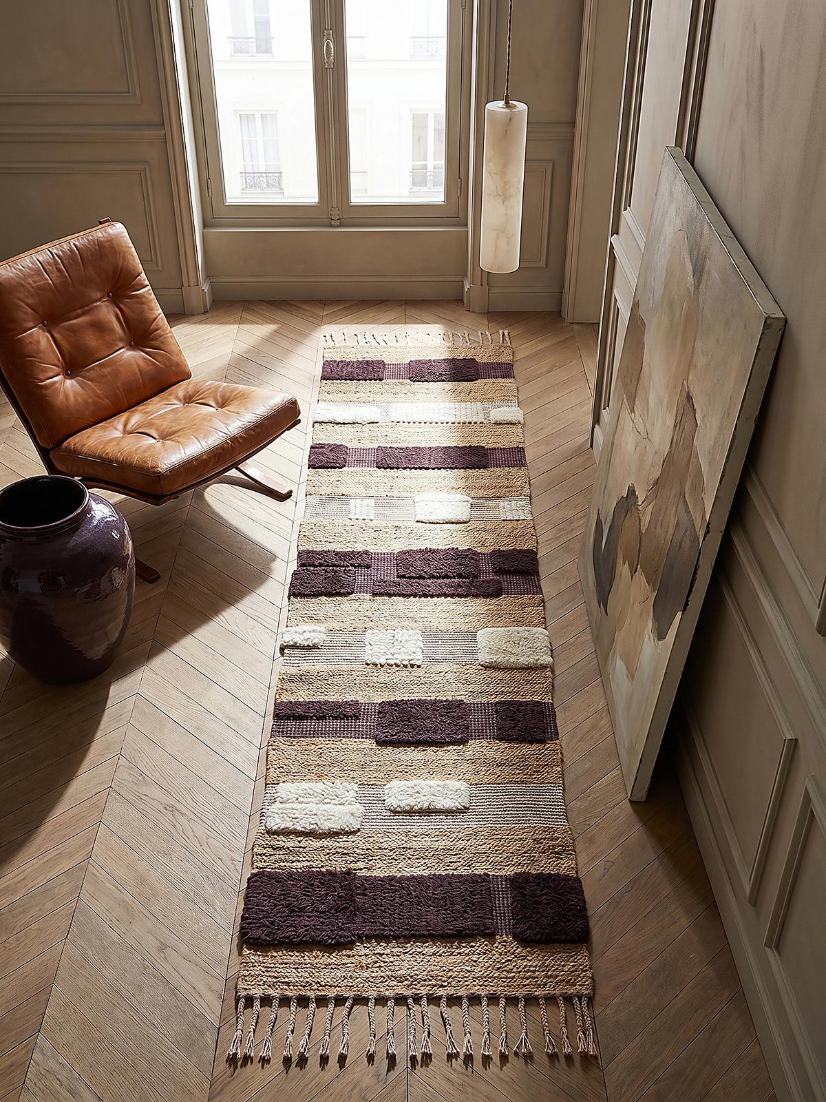 JUTETEPPICH handgewebt mit Fransen WHARFE, im Patchwork-Stil, Natur-Lila, 60 x 230 cm - Lila, Textil (230/60cm) - KADIMA DESIGN