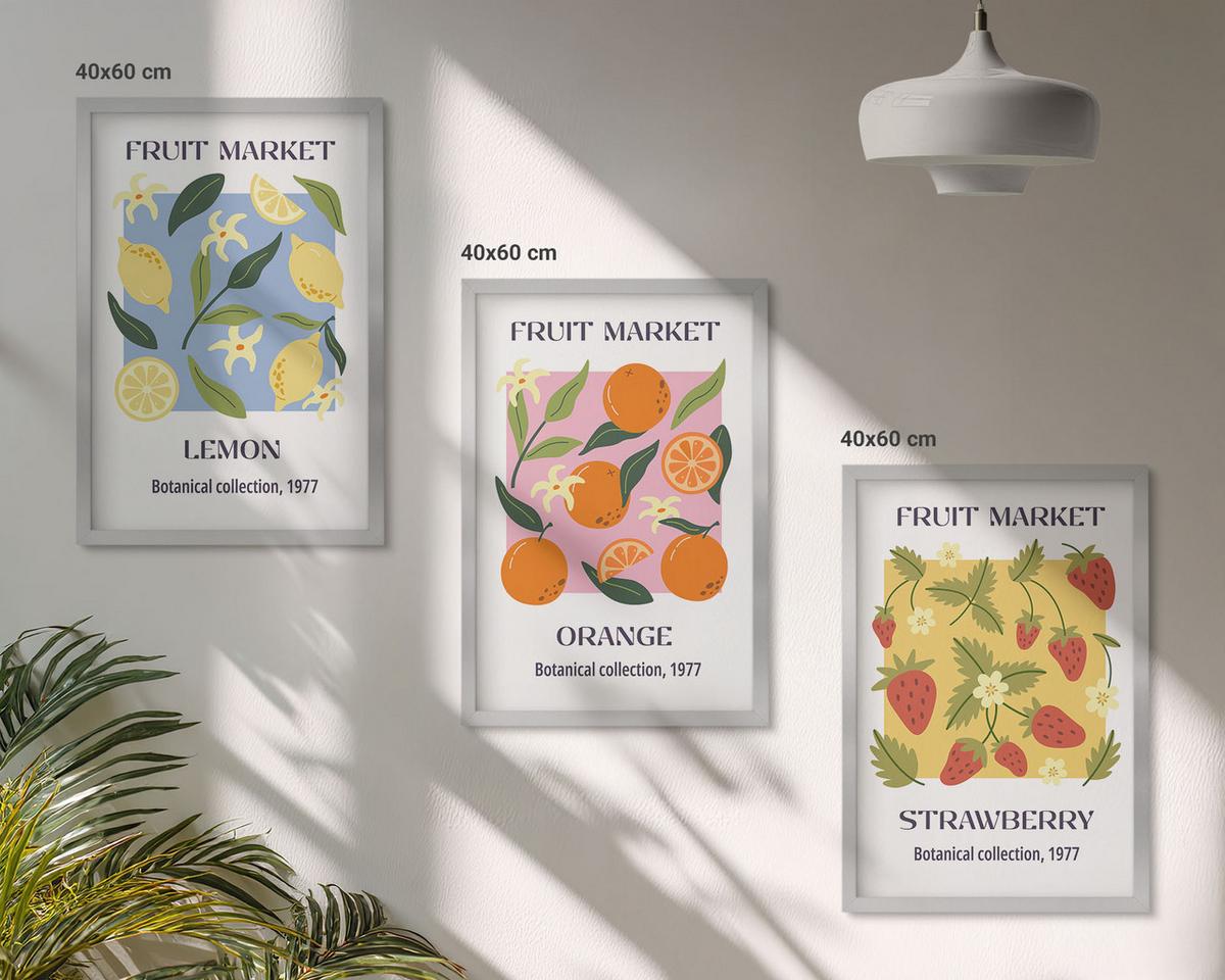 BILDER SET 3er Set - 40x60 cm Silberner Rahmen - Fruchtposter Zitronen Erdbeeren - Silberfarben, Kunststoff (40/60cm) - TULUP