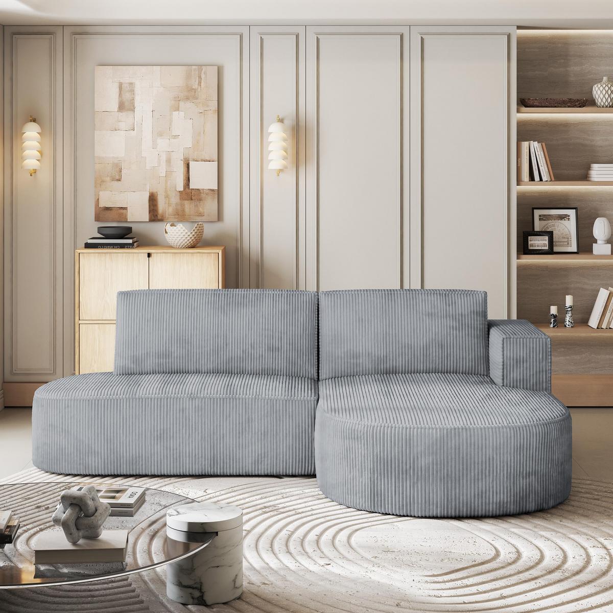 ECKSOFA CORTIO P R-S Hellgrau Kordstoff mit Schlaffunktion - Hellgrau, Holz (265/174cm) - MASSENO