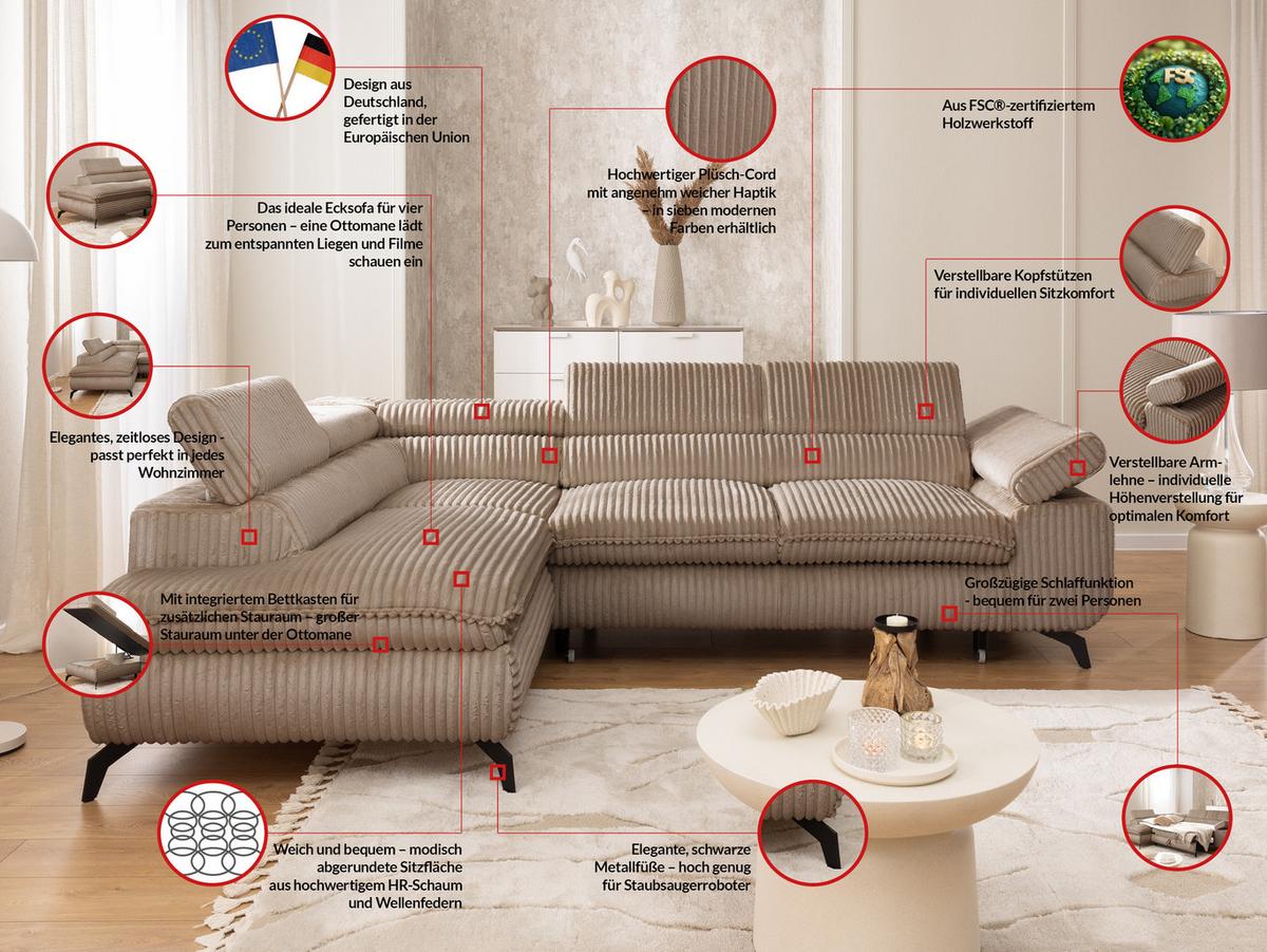 ECKSOFA mit Schlaffunktion und Bettkasten Bonnie aus Beige Cord-Stoff mit verstellbaren Kopfstützen und Armlehne - Ottomane links - Beige/Schwarz, Holz/Textil (275/210cm) - S-Style Möbel