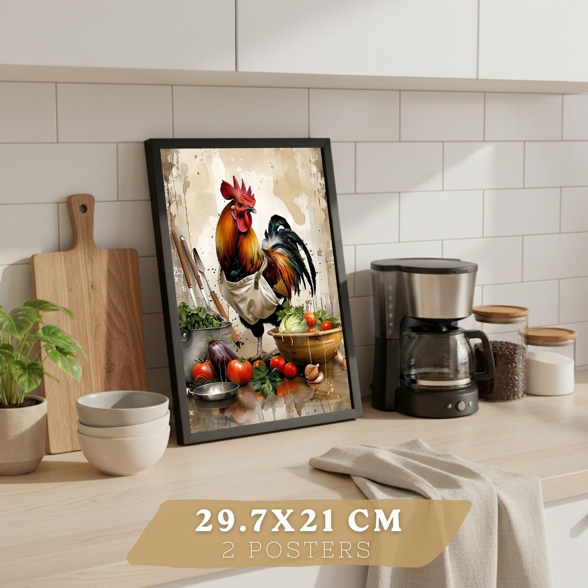 POSTER 2er Set Küchen-Wandbilder Hahn und Schwein Koch Aquarell Illustration Esszimmer Wanddeko Rahmenlos A4 - Schwarz, Papier (29.7/1/21cm) - Nacnic
