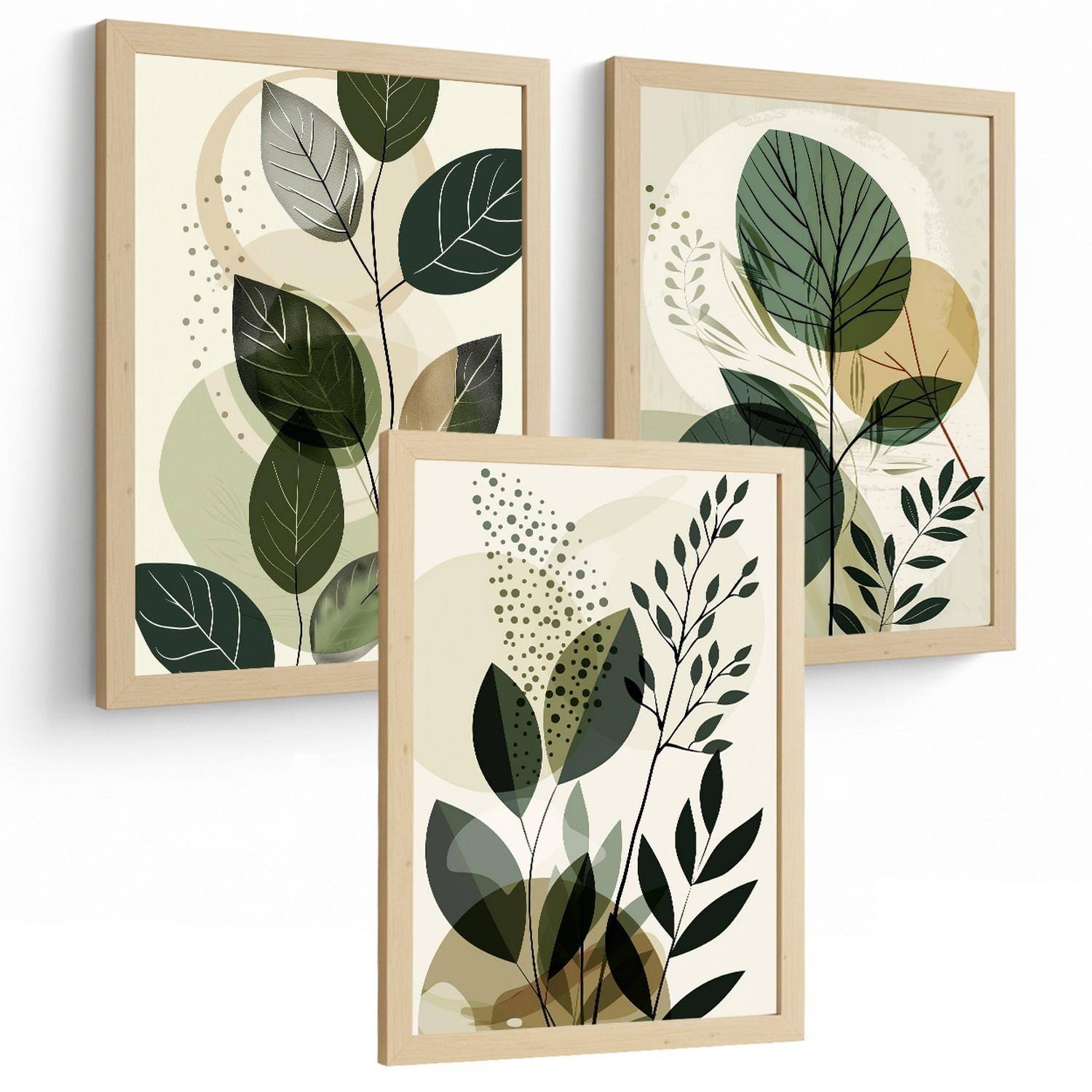 POSTER 3er Kunstdruck-Set Wandbilder Pflanzen Abstrakt modern Wohnzimmer Deko, Schlafzimmer, Küche, Badezimmer Leichter Holzrahmen A3 - Beige, Papier (29.7/1/42cm) - Nacnic
