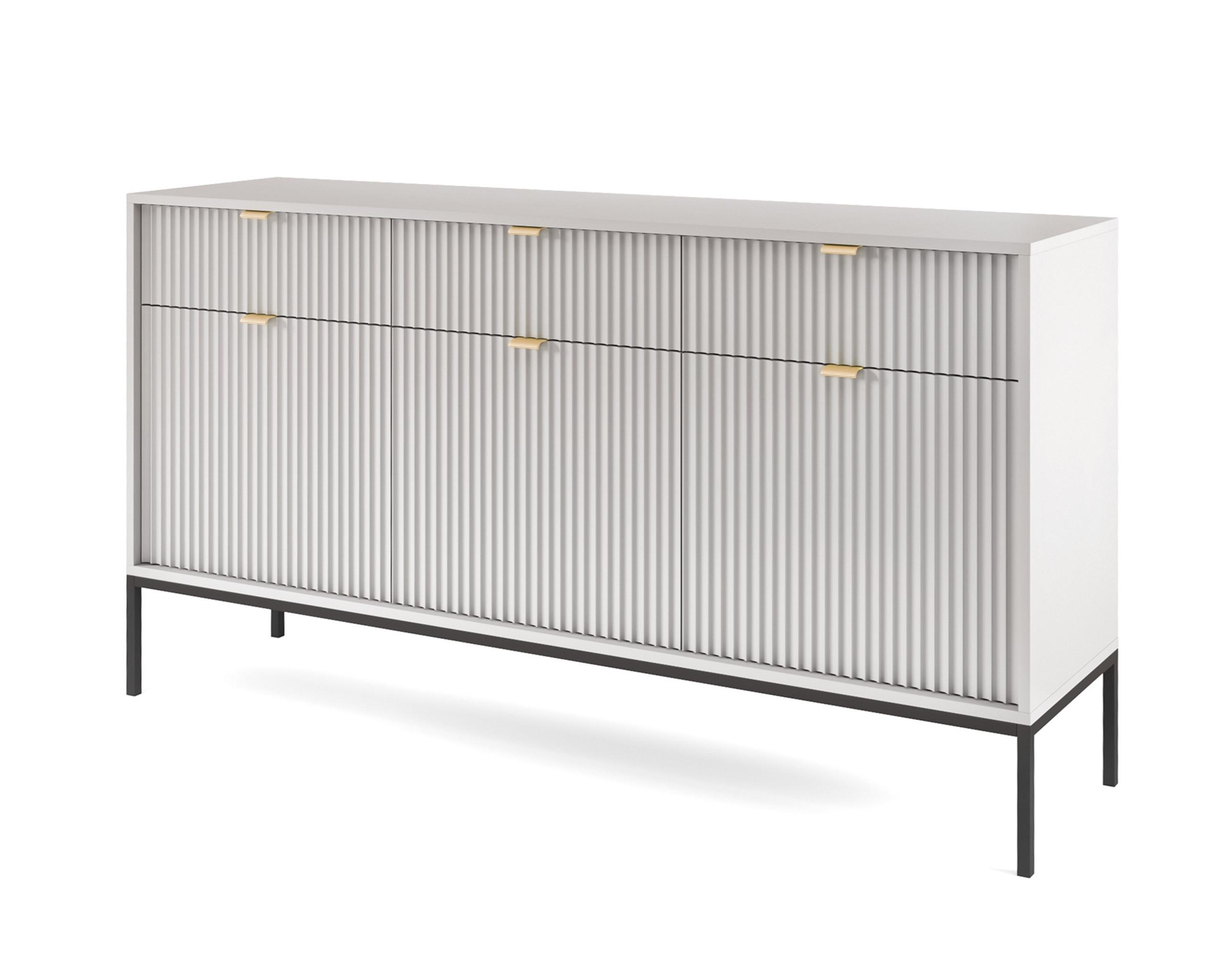 SIDEBOARD Eternas 3T 3S Grau 154/83/39 cm – schwarze Füße, mit geriffelten Fronten - Schwarz/Grau, Holzwerkstoff (154/83/39cm) - AX Living