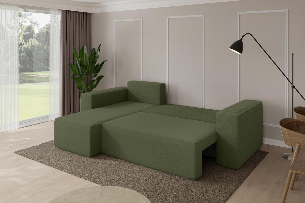 ECKSOFA mit Schlaffunktion Ottomane Links SENO-L 249x139x85 Grün Bouclé - Schwarz/Olivgrün, Holzwerkstoff/Kunststoff (249/139cm) - ALTDECOR