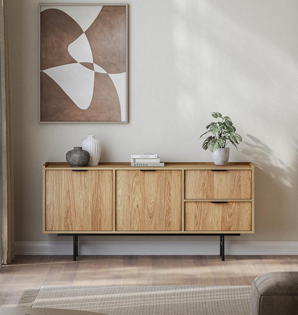 SIDEBOARD Nordiva 2T 2S Hikora Natur 150/68/40 cm – Metallgestell - Schwarz/Naturfarben, Holzwerkstoff/Metall (150/68/40cm) - AX Living